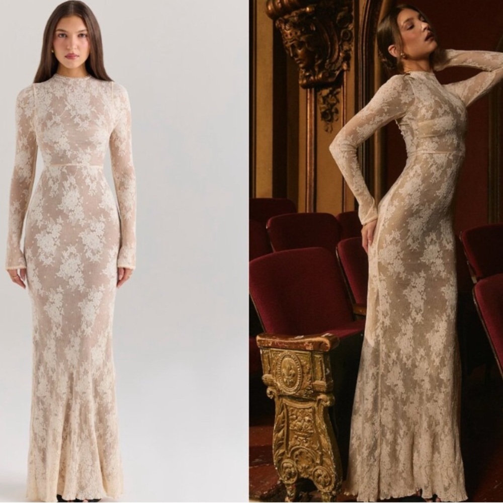 House of CB Long Sleeve Lace Dress in Cream Peach